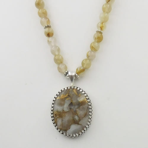 DKC-1133 Pendant, White Calcite, Rutilated Quartz $225 at Hunter Wolff Gallery